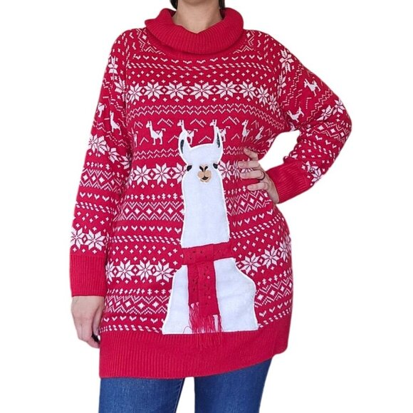 Pink Queen Christmas Llama Alpaca Chunky Knit Turtleneck Sweater Dress Large - Picture 8 of 8